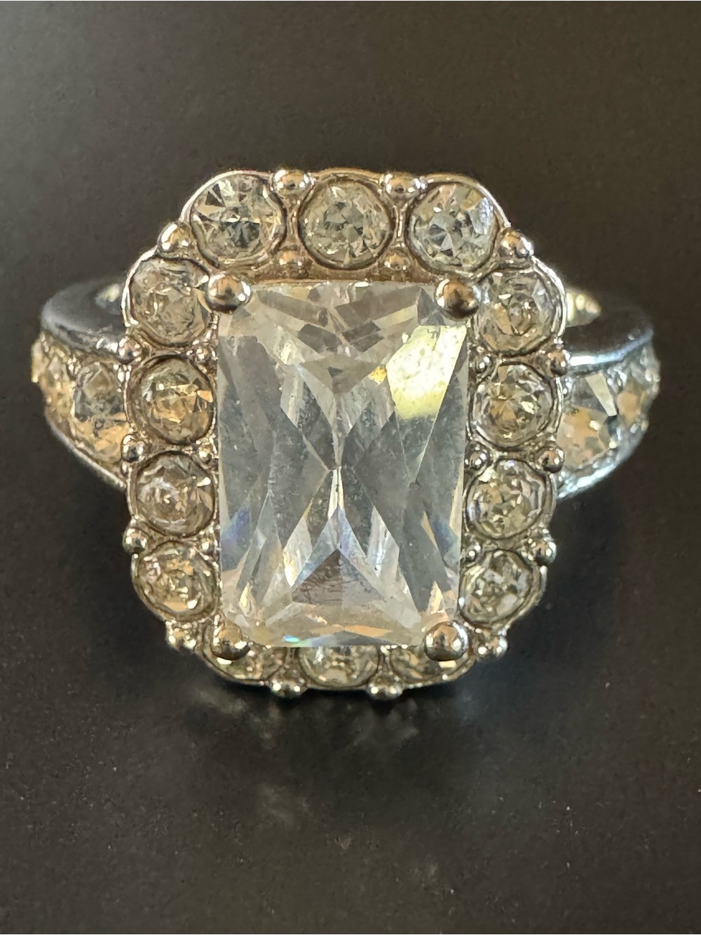 NVC Emerald Cut CZ Halo Statement Cocktail Ring - Silver Tone - Size 9